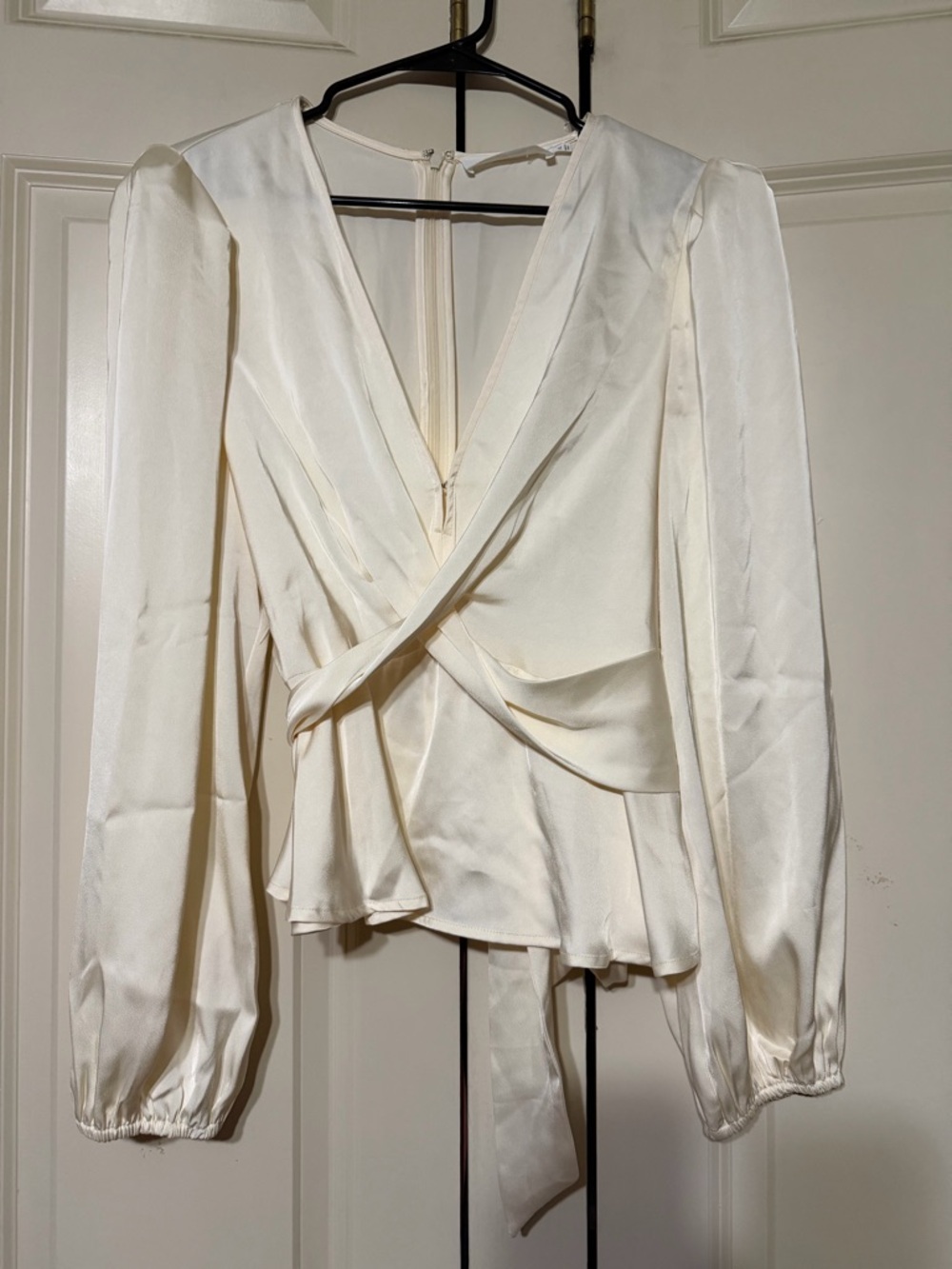 Astr Cream Satin Wrap Blouse with Tie Front